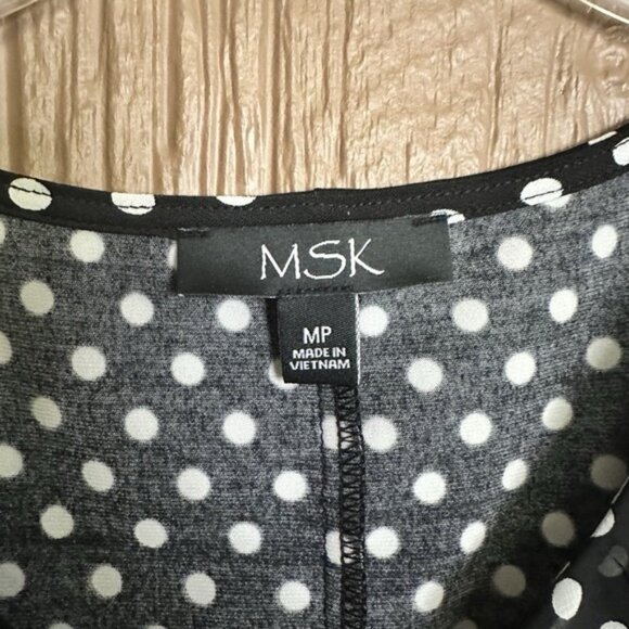 MSK Polka Dotted Chiffon Cold-Shoulder Black White Dress Petite Size PM V Neck - Picture 5 of 7